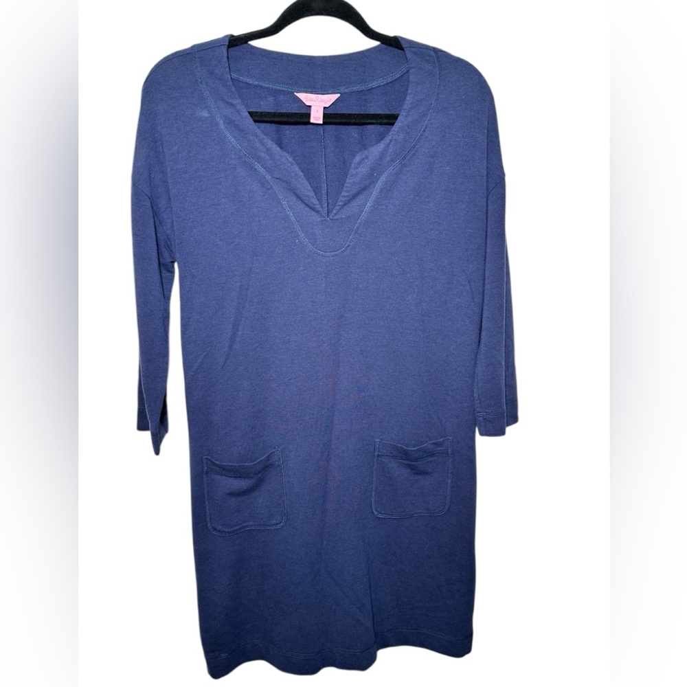 Lilly Pulitzer V Neck Joyce Tee‎ Shirt Navy Dress with Front Pockets Size Small